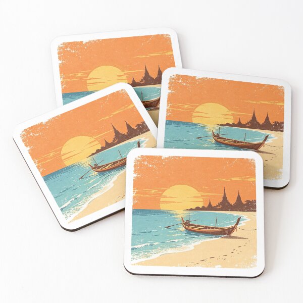 Item preview, Thailand Sunset – Longtail Boat & Temple Skyline Retro Print designed and sold by VladisWorld.
