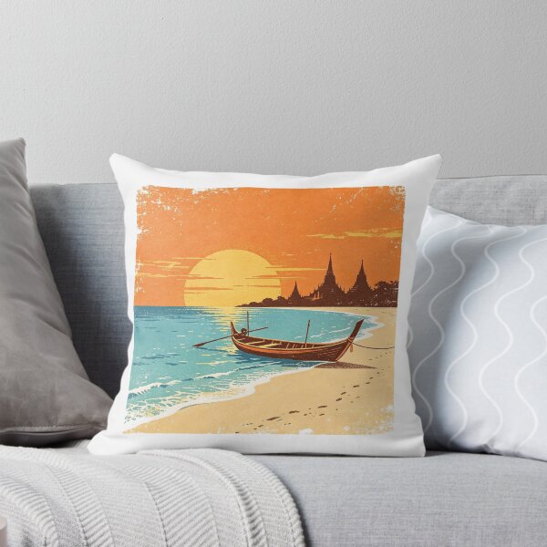 Item preview, Thailand Sunset – Longtail Boat & Temple Skyline Retro Print designed and sold by VladisWorld.