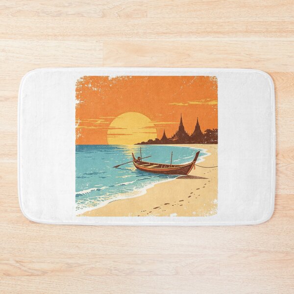 Item preview, Thailand Sunset – Longtail Boat & Temple Skyline Retro Print designed and sold by VladisWorld.