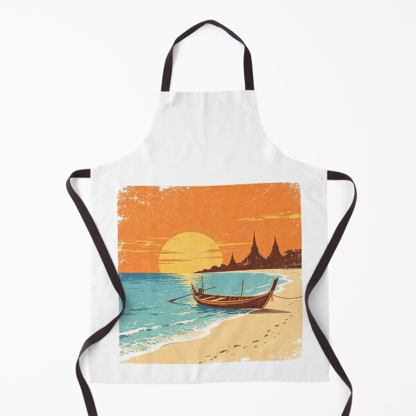 Item preview, Thailand Sunset – Longtail Boat & Temple Skyline Retro Print designed and sold by VladisWorld.