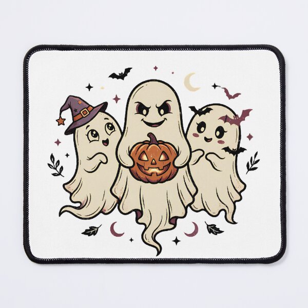 Item preview, Cute Halloween Ghost Trio with Witch Hat, Glowing Jack-o-Lantern and Bats Illustration designed and sold by abdelski.