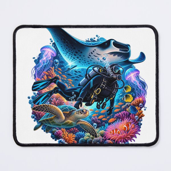 Item preview, Neon Reef Scuba Diver With Manta Ray & Sea Turtle designed and sold by RAX Mirth Studio.