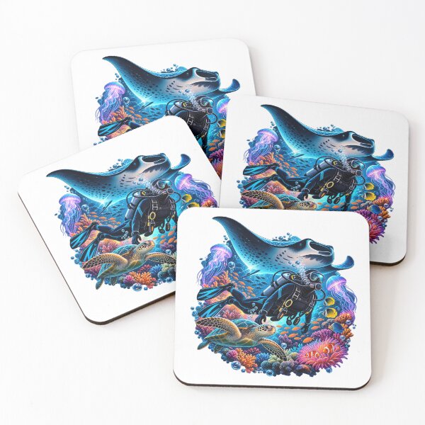 Item preview, Neon Reef Scuba Diver With Manta Ray & Sea Turtle designed and sold by RAX Mirth Studio.