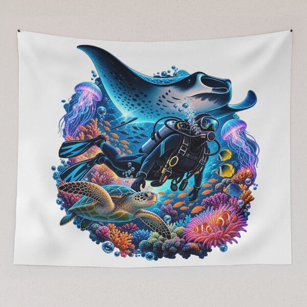 Item preview, Neon Reef Scuba Diver With Manta Ray & Sea Turtle designed and sold by RAX Mirth Studio.
