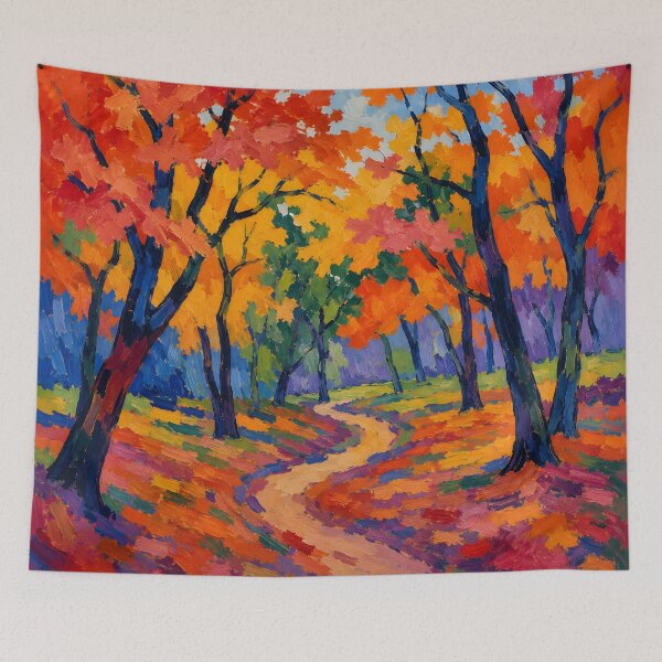 Aperçu de l'œuvre Vibrant Autumn Forest Path Expressionist Painting créée et vendue par GutyzDesignsES.