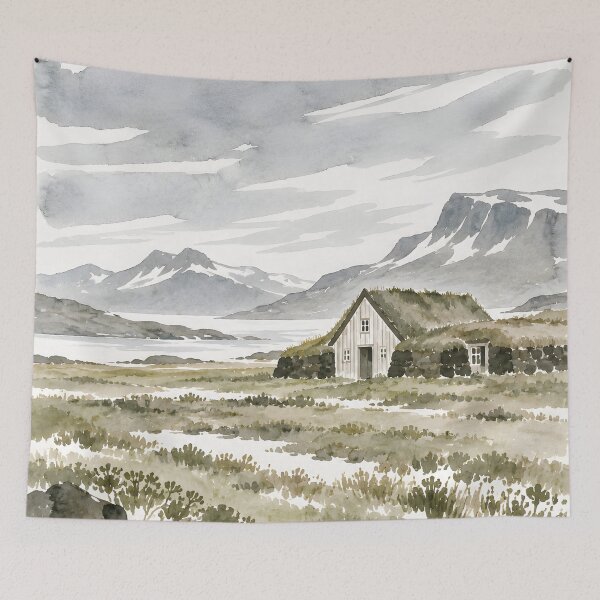 Artikelvorschau, Iceland Turf House Mountain Watercolor Landscape entworfen und verkauft von GutyzDesignsES.