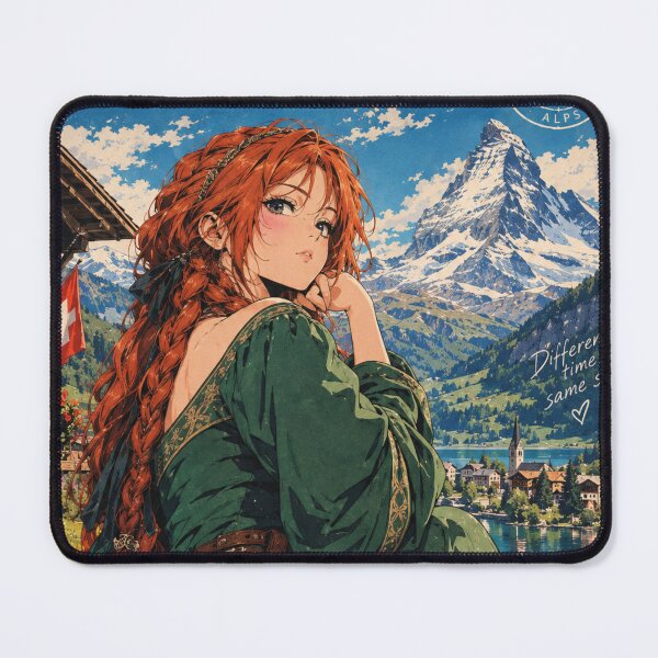 Item preview, Elegant Redhead Medieval Woman in Switzerland – Swiss Alps Travel Poster, Fantasy Girl in Green Dress, Alpine Mountain Landscape, Vintage Travel Art designed and sold by DibujandoPorfa.