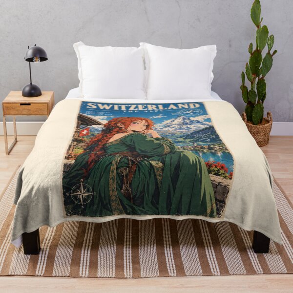 Item preview, Elegant Redhead Medieval Woman in Switzerland – Swiss Alps Travel Poster, Fantasy Girl in Green Dress, Alpine Mountain Landscape, Vintage Travel Art designed and sold by DibujandoPorfa.