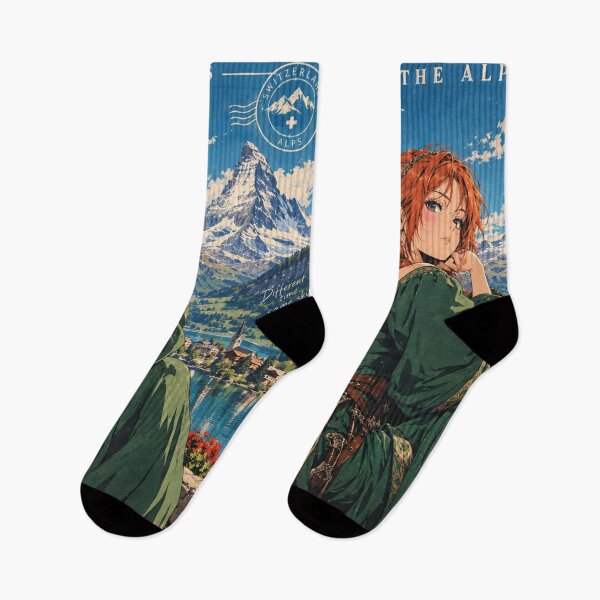 Item preview, Elegant Redhead Medieval Woman in Switzerland – Swiss Alps Travel Poster, Fantasy Girl in Green Dress, Alpine Mountain Landscape, Vintage Travel Art designed and sold by DibujandoPorfa.