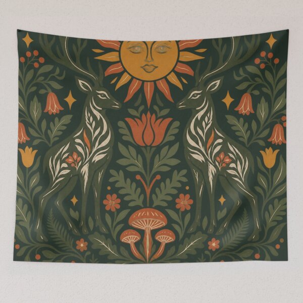 Item preview, Rooted In The Wild Cottagecore Folk Art Deer Forest Sun Illustration designed and sold by QCena.