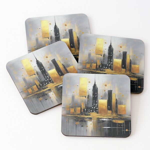 Item preview, Black and gold abstract cityscape painting black and gold highlights,  modern minimalist contemporary city building watercolor painting  designed and sold by navitalidesign.