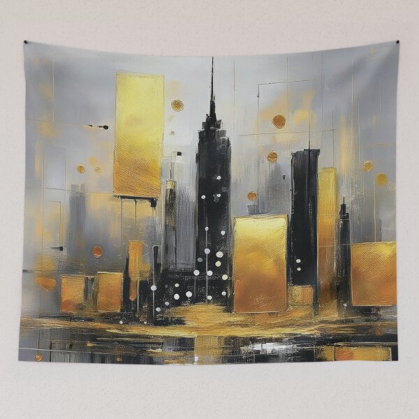 Item preview, Black and gold abstract cityscape painting black and gold highlights,  modern minimalist contemporary city building watercolor painting  designed and sold by navitalidesign.