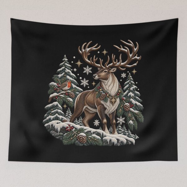 Item preview, Winter Reindeer Embroidery – Snowy Woodland Robin, Pine Trees & Snowflakes designed and sold by Emoji Emblems.