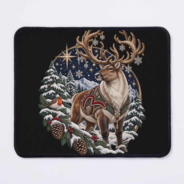Item preview, Winter Reindeer Embroidery – Starlit Snowy Forest Robin & Mountain Scene designed and sold by Emoji Emblems.