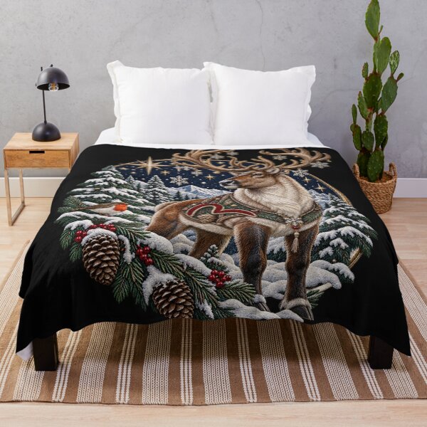 Item preview, Winter Reindeer Embroidery – Starlit Snowy Forest Robin & Mountain Scene designed and sold by Emoji Emblems.