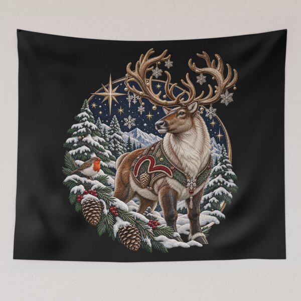Item preview, Winter Reindeer Embroidery – Starlit Snowy Forest Robin & Mountain Scene designed and sold by Emoji Emblems.