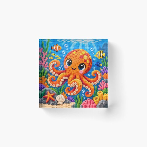 Item preview, Cute Colorful Octopus Underwater – Building Block Mosaic Art designed and sold by WildWhimsy Art.