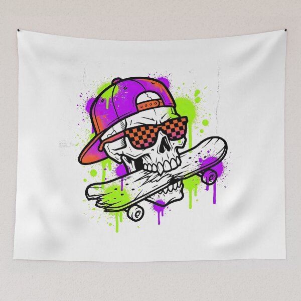 Item preview, Cool Skater Skull Biting Skateboard Neon Graffiti designed and sold by Rahat3344.
