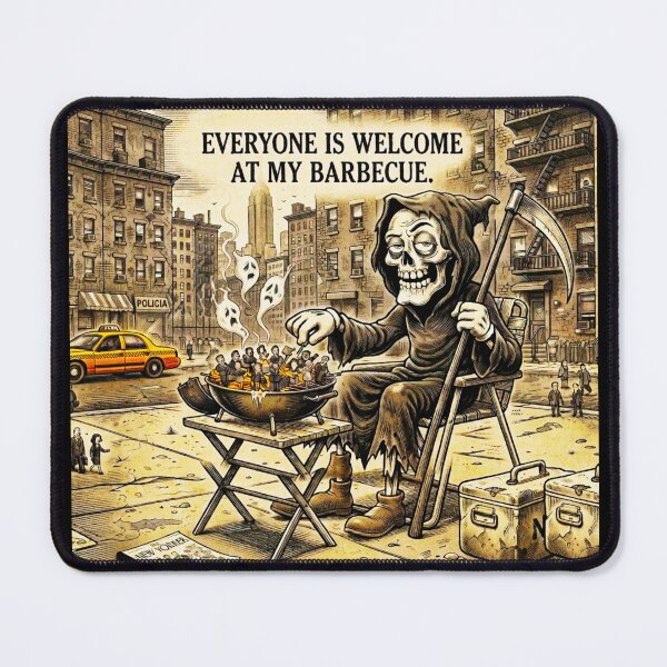 Item preview, Grim Reaper's NYC Block Party BBQ - Dark Humor Art designed and sold by OmniaGlobal.