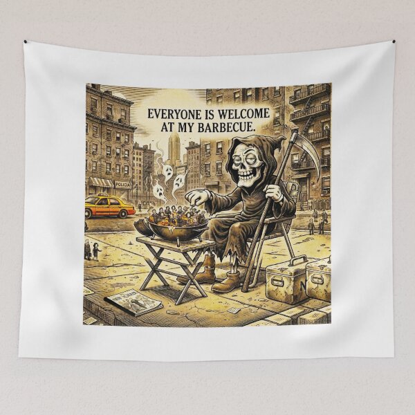 Item preview, Grim Reaper's NYC Block Party BBQ - Dark Humor Art designed and sold by OmniaGlobal.