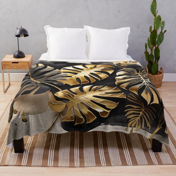 Item preview, Round Black and Gold Monstera Cluster designed and sold by BeachWhisper.