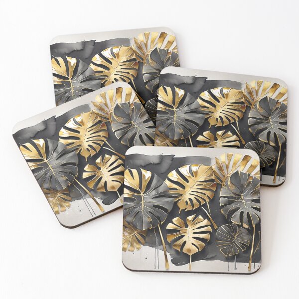 Item preview, Gold Monstera Leaves with Black Ink Drips designed and sold by BeachWhisper.