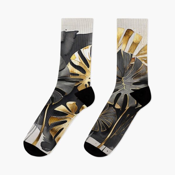 Item preview, Gold Monstera Leaves with Black Ink Drips designed and sold by BeachWhisper.