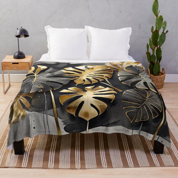 Item preview, Gold Monstera Leaves with Black Ink Drips designed and sold by BeachWhisper.