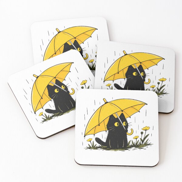 Item preview, Cute Black Cat Under Yellow Umbrella Rain designed and sold by Moizento.