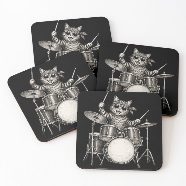Item preview, Funny Cat Drummer Wearing Sunglasses and Bandana Playing a Drum Set designed and sold by SOUFIANE1991.