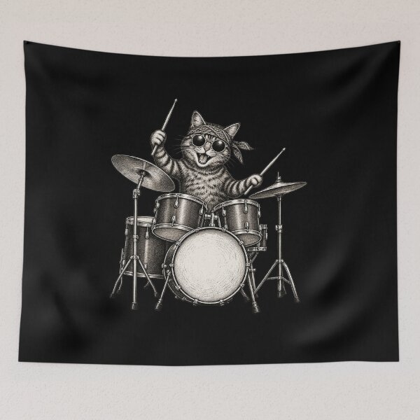Item preview, Funny Cat Drummer Wearing Sunglasses and Bandana Playing a Drum Set designed and sold by SOUFIANE1991.