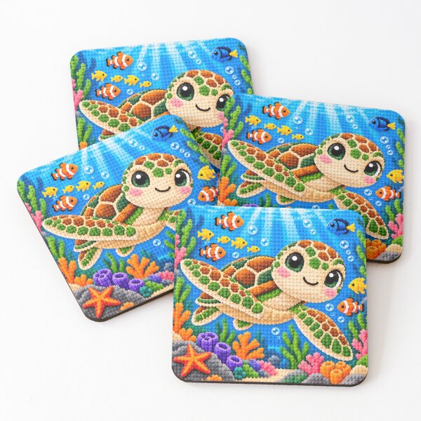Item preview, Cute Sea Turtle in a Colorful Coral Reef – Building Block Mosaic Art designed and sold by WildWhimsy Art.