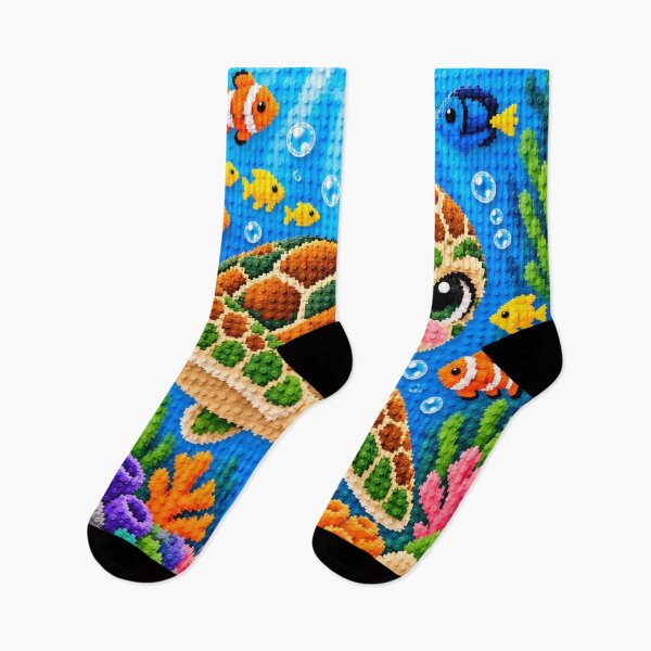Item preview, Cute Sea Turtle in a Colorful Coral Reef – Building Block Mosaic Art designed and sold by WildWhimsy Art.
