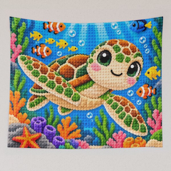 Item preview, Cute Sea Turtle in a Colorful Coral Reef – Building Block Mosaic Art designed and sold by WildWhimsy Art.