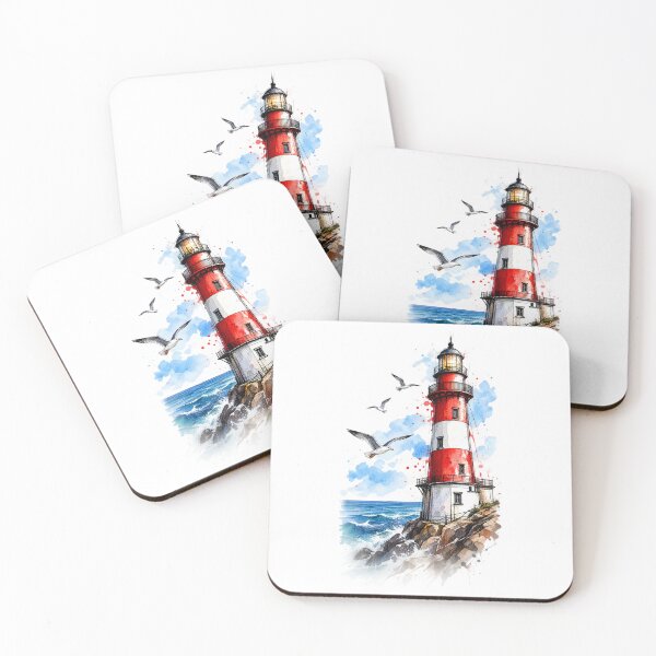 Item preview, Red and White Lighthouse Watercolor – Coastal Seaside Ocean Art designed and sold by ArtesioByZaber.