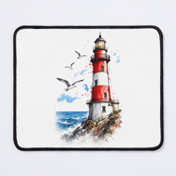 Item preview, Red and White Lighthouse Watercolor – Coastal Seaside Ocean Art designed and sold by ArtesioByZaber.
