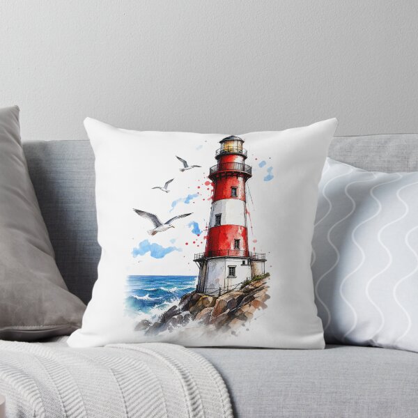 Item preview, Red and White Lighthouse Watercolor – Coastal Seaside Ocean Art designed and sold by ArtesioByZaber.