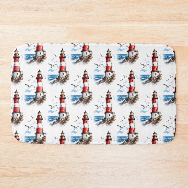 Item preview, Red and White Lighthouse Watercolor – Coastal Seaside Ocean Art designed and sold by ArtesioByZaber.