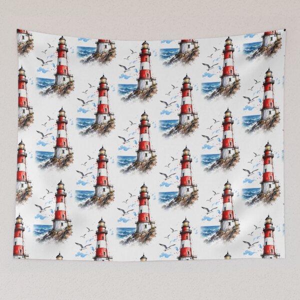 Item preview, Red and White Lighthouse Watercolor – Coastal Seaside Ocean Art designed and sold by ArtesioByZaber.