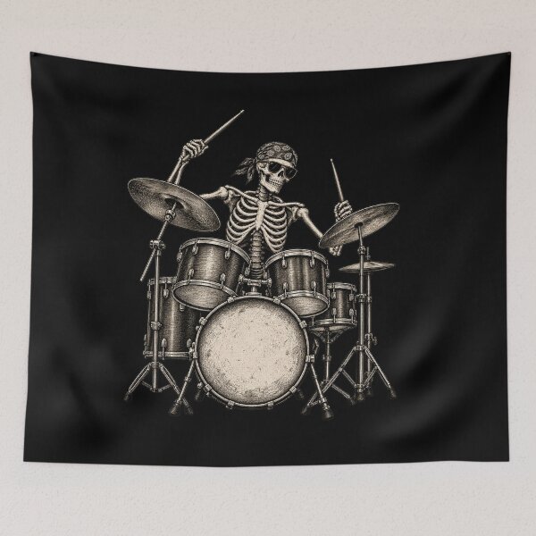 Item preview, Skeleton Drummer Wearing Sunglasses & Bandana – Vintage Rock Drum Set designed and sold by SOUFIANE1991.