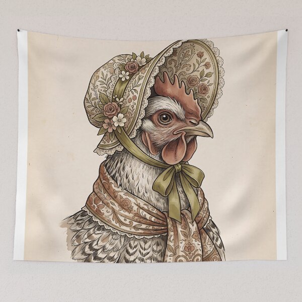 Item preview, Vintage Cottagecore Chicken in Bonnet Floral Illustration designed and sold by ZahraaStudio.