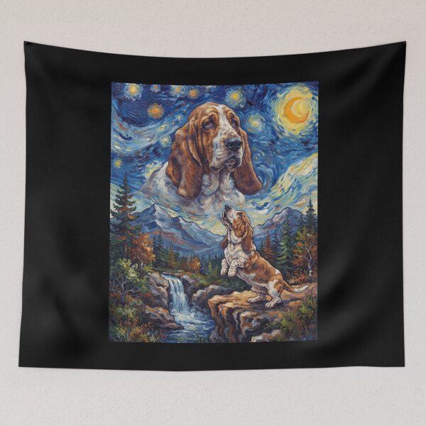 Item preview, Basset Hound Howling Moon Starry Night Van Gogh Art Dog Lover designed and sold by dian-rody-crest.