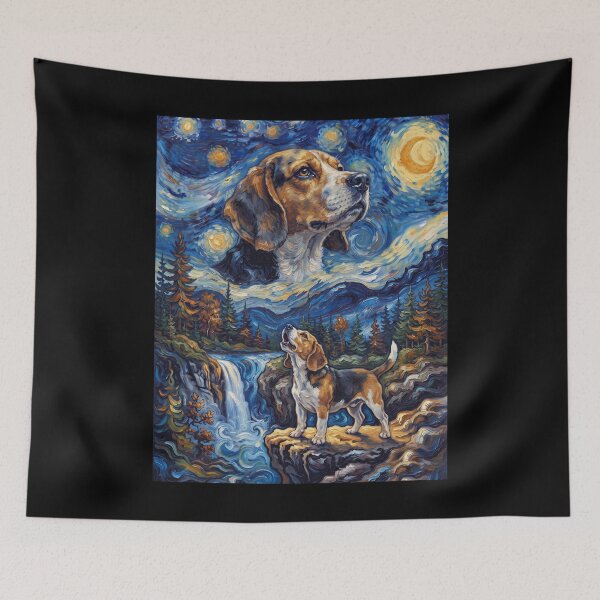 Aperçu de l'œuvre Beagle hurlant à la lune, Nuit étoilée, Art de Van Gogh, Amoureux des chiens créée et vendue par dian-rody-crest.