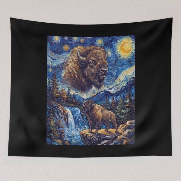 Item preview, Buffalo Howling Moon Starry Night Van Gogh Art Animal Lover designed and sold by dian-rody-crest.