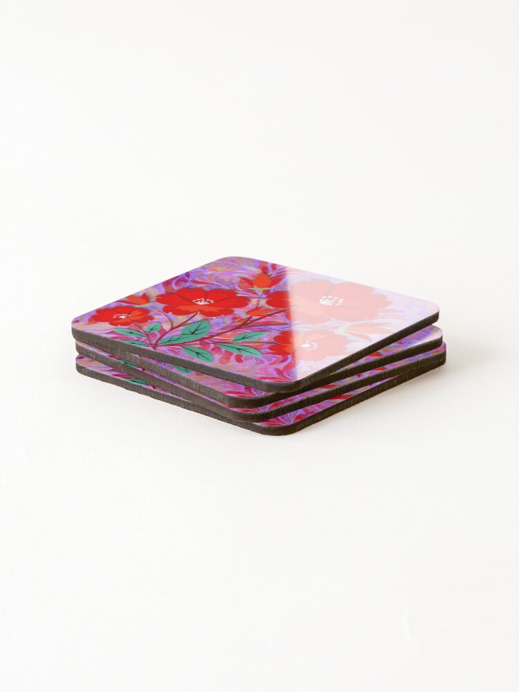 Thumbnail 4 of 5, Coasters (Set of 4), Red Flower Pattern designed and sold by ViaARTfactory.