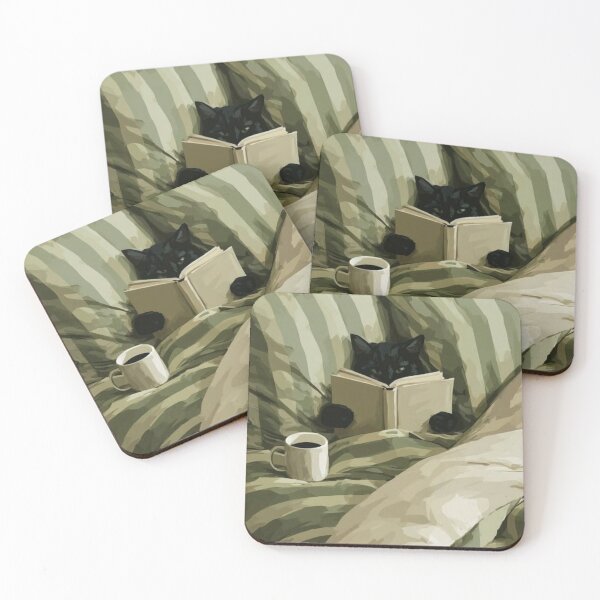 Item preview, Cat Reading in Green Stripe Bedding designed and sold by PinMarket.