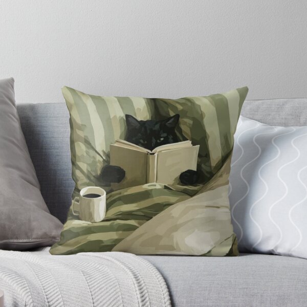 Item preview, Cat Reading in Green Stripe Bedding designed and sold by PinMarket.