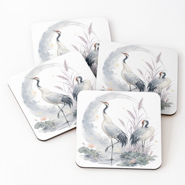 Item preview, Moonlit Cranes Watercolor Bird Art Japanese Inspired Pond Nature Design designed and sold by inkoutninja.