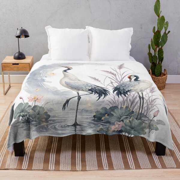 Item preview, Moonlit Cranes Watercolor Bird Art Japanese Inspired Pond Nature Design designed and sold by inkoutninja.