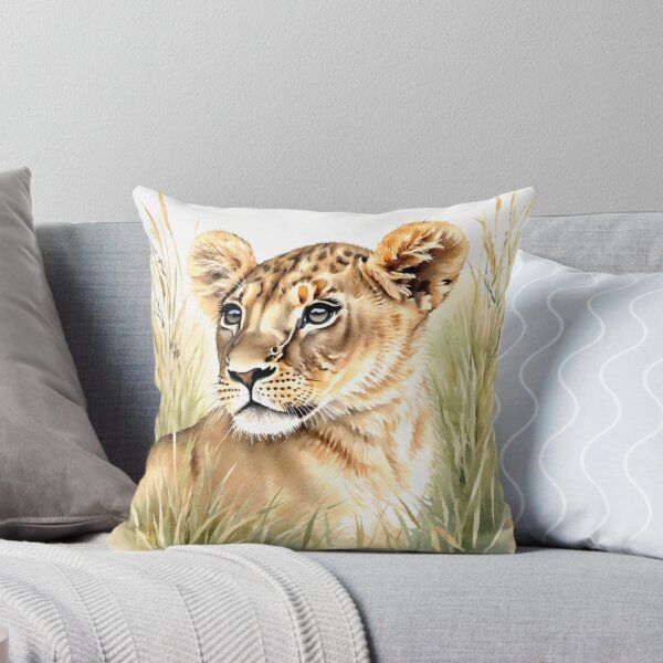 Aperçu de l'œuvre Adorable lionceau à l'aquarelle dans les hautes herbes créée et vendue par Hackl20.